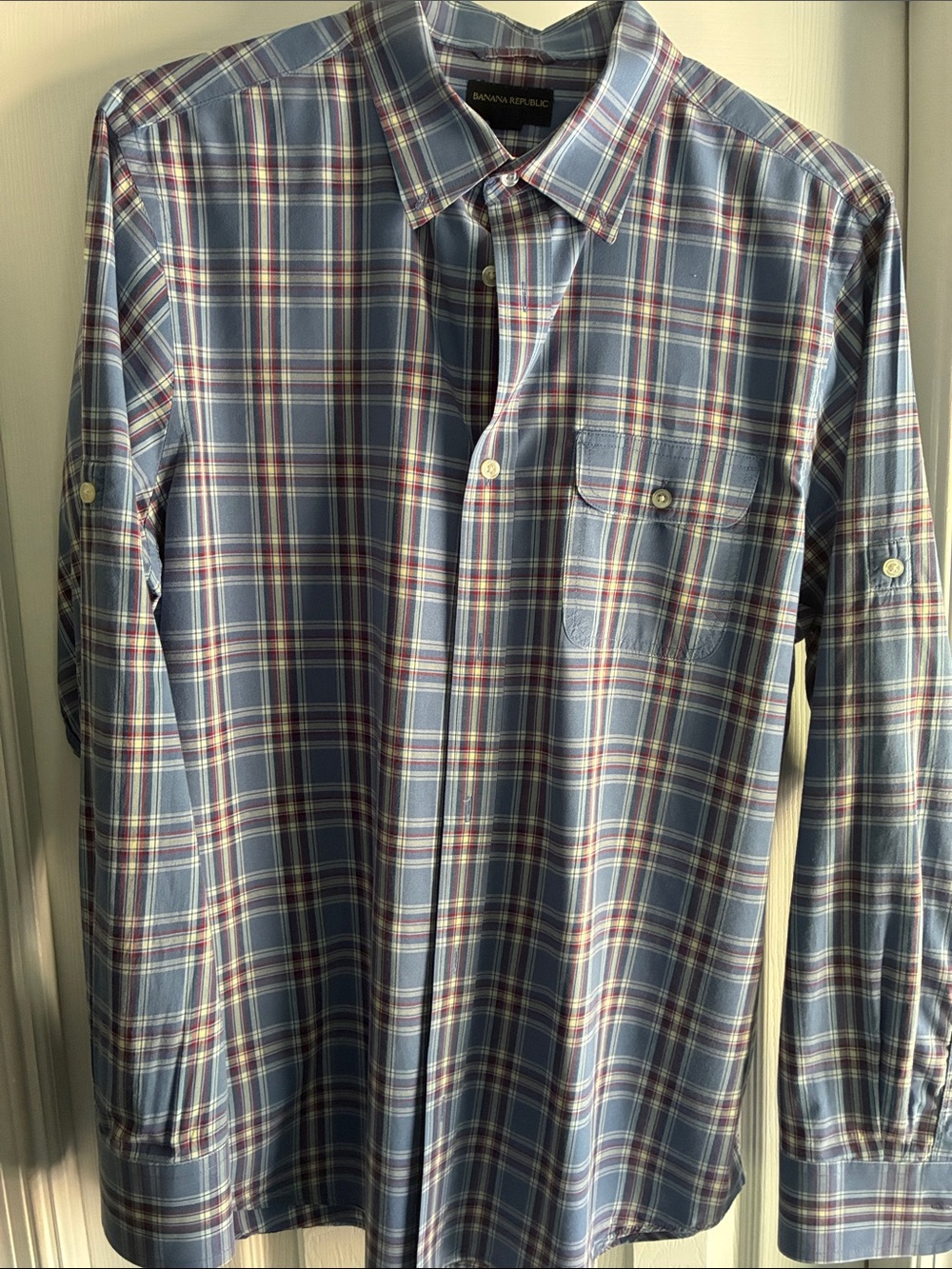 Banana Republic Men’s Light Blue and White Plaid Button-Down Shirt